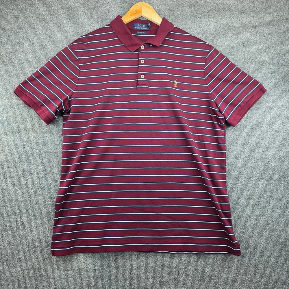 Polo Ralph Lauren Mens Classic Fit Striped Polo Shirt‎ Maroon Large Flesh Pony